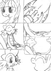 Size: 653x900 | Tagged: explicit, artist:tg-0, spike, twilight sparkle, accidental penetration, baby dragon on mare, boobjob, both cutie marks, comic, crotchboobjob, crotchboobs, defloration, dragon, dragon on pony action, female, foalcon, g4, imported from derpibooru, interspecies, male, monochrome, nipples, nudity, penis, pony, ship:twispike, shipping, sketch, straight, teats, unicorn, unicorn twilight, virgin