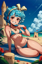 Size: 3072x4608 | Tagged: suggestive, ai content, ai generated, banned from derpibooru, bare legs, beach, beach towel, beautiful, belly button, bikini, blue bikini, blue hair, bracelet, breasts, clothes, cozy glow, curly hair, equestria girls, equestria girls-ified, female, finger to cheek, g4, grin, imported from twibooru, jewelry, lolicon, looking at you, necklace, ocean, prompter:drpeeper d fresa, sand, sand castle, sexy, side-tie bikini, sky, small breasts, smiling, smiling at you, stupid sexy cozy glow, swimsuit, towel, underage, water