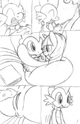 Size: 648x1000 | Tagged: explicit, artist:tg-0, spike, twilight sparkle, anus, baby dragon on mare, breastfeeding, comic, crotchboobs, dragon, dragon on pony action, female, foalcon, g4, imported from derpibooru, interspecies, lactation, male, mama twilight, milk, monochrome, nipples, nudity, penis, pony, ship:twispike, shipping, sketch, straight, suckling, teats, unicorn, unicorn twilight, virgin, vulva