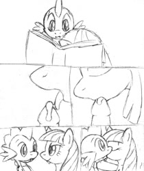 Size: 757x900 | Tagged: explicit, artist:tg-0, spike, twilight sparkle, baby dragon on mare, bedroom eyes, black and white, blowjob, book, comic, cum, dead source, dragon, dragon on pony action, eyes closed, female, foalcon, g4, grayscale, imported from derpibooru, interspecies, kissing, licking, licking cock, looking at each other, male, mare, monochrome, nudity, oral, penis, pony, sex, ship:twispike, shipping, sketch, snowballing, straight, tongue out, unicorn, unicorn twilight