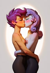 Size: 832x1216 | Tagged: questionable, apple bloom, scootaloo, sweetie belle, ai generated, banned from derpibooru, blushing, breasts, clothes, cutie mark crusaders, equestria girls, erect nipples, female, freckles, french kiss, generator:pony diffusion v6 xl, human, imported from twibooru, kissing, lesbian, lolicon, pantyhose, partial nudity, prompter:rkmisc, scootabelle, shipping, short hair, skinny, small breasts, topless, underage