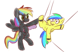 Size: 1200x800 | Tagged: explicit, artist:whatsapokemon, oc, oc:aurora, oc:aurora dawn, anus, bondage, dildo, female, filly, foal, foalcon, imminent penetration, imported from derpibooru, lesbian, mare on filly, nudity, oc only, pegasus, pony, sex toy, suspended, vulva