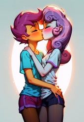 Size: 832x1216 | Tagged: questionable, apple bloom, scootaloo, sweetie belle, ai generated, banned from derpibooru, blushing, breasts, clothes, cutie mark crusaders, equestria girls, erect nipples, female, freckles, french kiss, generator:pony diffusion v6 xl, human, imported from twibooru, kissing, lesbian, lolicon, pantyhose, partial nudity, prompter:rkmisc, scootabelle, shipping, shirt, short hair, shorts, skinny, small breasts, t-shirt, underage