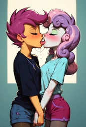 Size: 832x1216 | Tagged: questionable, apple bloom, scootaloo, sweetie belle, ai generated, banned from derpibooru, blushing, breasts, clothes, cutie mark crusaders, equestria girls, erect nipples, female, freckles, french kiss, generator:pony diffusion v6 xl, hand on crotch, holding hands, human, imported from twibooru, kissing, lesbian, lolicon, pantyhose, partial nudity, prompter:rkmisc, salivating, scootabelle, shipping, shirt, short hair, shorts, skinny, small breasts, t-shirt, tongue out, underage