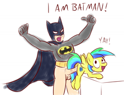 Size: 1200x922 | Tagged: explicit, artist:whatsapokemon, oc, oc:aurora, oc:aurora dawn, anus, balls, batman, bottomless, female, filly, foal, foalcon, human, human male, human male on filly, human on pony action, human penis, imported from derpibooru, male, nudity, oc only, open mouth, pegasus, penetration, penis, pony, rainbow dash presents, sex, straight, vaginal, vulva, why