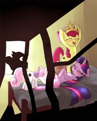 Size: 1600x1999 | Tagged: questionable, artist:advancedpervert, apple bloom, sweetie belle, twilight sparkle, age difference, bed, blushing, book, chess, crown, cunnilingus, earth pony, eyes closed, female, females only, filly, filly on mare, floppy ears, foal, foalcon, g4, gritted teeth, hoof on head, imported from derpibooru, lesbian, licking, looking in, mare, mare on filly, on back, open mouth, oral, pony, raised tail, sex, shadow, ship:twibelle, ship:twibloom, shipping, softcore, spying, strategically covered, tail, tail aside, tongue out, trixie, twilight is a foal fiddler, underhoof, unicorn, unicorn twilight, voyeurism, window, wrong cutie mark