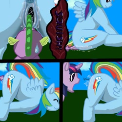 Size: 1024x1024 | Tagged: explicit, artist:soline, rainbow dash, spike, twilight sparkle, baby dragon on mare, dashdom, dragon, dragon on pony action, female, femdom, fetish, foalcon, g4, imported from derpibooru, interspecies, male, malesub, mare, nudity, pegasus, pony, preddash, ship:rainbowspike, shipping, spikesub, spread wings, squirting, straight, submissive, tail sticking out, unbirthing, unicorn, vagina, vaginal secretions, vore, wingboner, wings