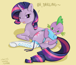 Size: 1280x1088 | Tagged: explicit, artist:cynicalmoose, spike, twilight sparkle, alternate hairstyle, baby dragon on mare, behaving like rarity, blue underwear, clothes, darling, dragon, dragon on pony action, female, fingering, foalcon, frilly underwear, g4, imported from derpibooru, interspecies, legwear, looking back, male, mare, nudity, panties, pony, prone, roleplaying, ship:twispike, shipping, socks, straight, thigh highs, underhoof, underwear, unicorn, unicorn twilight, vagina, vaginal secretions, vulva