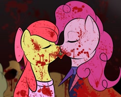 Size: 1000x800 | Tagged: grimdark, grotesque, suggestive, artist:kloudmutt, apple bloom, applejack, pinkie pie, fanfic:cupcakes, abuse, age difference, blood, dead, earth pony, eye scream, eyeball, eyes closed, female, filly, foal, foalcon, g4, gore, imported from derpibooru, jackabuse, kissing, lesbian, mare, mare on filly, on back, pinkamena diane pie, pony, profile, ship:pinkiebloom