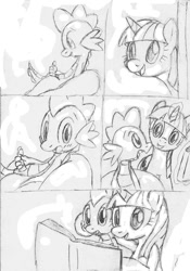 Size: 631x900 | Tagged: explicit, artist:tg-0, spike, twilight sparkle, book, caught, comic, cum, cute, cute porn, dead source, dragon, female, foalcon, g4, imported from derpibooru, male, mare, masturbation, monochrome, nudity, penis, pony, reading, ship:twispike, shipping, sketch, small penis, straight, unicorn, unicorn twilight