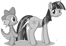Size: 600x417 | Tagged: explicit, artist:tg-0, spike, twilight sparkle, age difference, annoyed, anus, baby dragon on mare, butt, cum, cum on butt, cumming, dragon, dragon on pony action, duo, duo male and female, female, foalcon, g4, imported from derpibooru, interspecies, male, mare, monochrome, nudity, penis, plot, pony, pseudoincest, ship:twispike, shipping, straight, unamused, unicorn, unicorn twilight, wingless spike