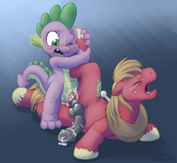 Size: 920x850 | Tagged: explicit, artist:cobaltsynapse, spike, age difference, anal, anal creampie, anal orgasm, baby dragon on stallion, balls, big macintosh, big macintosh's yoke, big subbingtosh, blushing, creampie, cum, cum while penetrated, cumming, dragon, dragon on pony action, duo, duo male, earth pony, femboy, foalcon, fucked sideways, g4, gay, gradient background, hands free, horse collar, imported from derpibooru, interspecies, male, maledom, males only, malesub, nudity, orgasm, orgasm cumshot, penetration, penis, pony, reverse foalcon, rule 34, sex, ship:spikentosh, shipping, sideways, simultaneous orgasm, stallion, submissive, taint, wingless spike