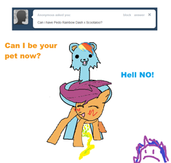 Size: 752x712 | Tagged: explicit, rainbow dash, scootaloo, oc, oc:twilight panda, blushing, cum, female, fetish, filly, foal, foalcon, g4, green semen, imported from derpibooru, lesbian, mspaintponies, pedobear, pegasus, pony, sex, ship:scootadash, shipping, tumblr, urine, watersports