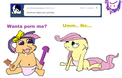 Size: 858x554 | Tagged: questionable, fluttershy, oc, oc:twilight panda, ask, baby, belly button, diaper, diapershy, dildo, female, filly, foal, foalcon, g3, g3.5, g4, imported from derpibooru, mspaintponies, newborn cuties, pegasus, pony, scootaloo (g3), sex toy, tumblr