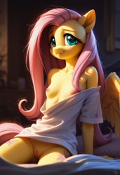 Size: 832x1216 | Tagged: explicit, fluttershy, ai content, ai generated, anthro, banned from derpibooru, bed, bottomless, breasts, clothes, cutie mark, exposed breasts, female, generator:pony diffusion v6 xl, imported from twibooru, lolicon, messy mane, morning after, nipple slip, nipples, nudity, on bed, partial nudity, prompter:madlyirrelevant, shirt, sitting, smiling, solo, tail, underage, vulva, wardrobe malfunction, winged anthro