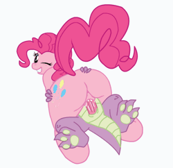 Size: 540x523 | Tagged: explicit, artist:maf, pinkie pie, spike, age difference, animated, anus, baby dragon on mare, balloonbutt, butt, cowboy hat, cowgirl position, dragon, duo, duo male and female, earth pony, female, foalcon, g4, gif, hat, imported from derpibooru, interspecies, knot, looking at you, looking back, looking back at you, male, mare, nudity, one eye closed, paw pads, penetration, penis, plot, pony, semi-anthro, sex, ship:pinkiespike, shipping, simple background, smiling, straight, vaginal, vulva, white background, wingless spike, wink