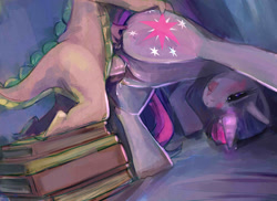 Size: 1739x1264 | Tagged: explicit, artist:buttercupsaiyan, spike, twilight sparkle, age difference, anal fingering, baby dragon on mare, bent over, blushing, book, butt, butt touch, creampie, cum, doggy style, double penetration, double vaginal, dragon, dragon on pony action, duo, duo male and female, female, foalcon, from behind, g4, hand on butt, hemipenis, hornboner, imported from derpibooru, interspecies, looking back, looking between legs, magic, male, mare, multidick, multiple penetration, multiple vaginal, nudity, open mouth, penetration, penis, pile, pile of books, plot, pony, pseudoincest, sex, ship:twispike, shipping, straight, tongue out, triple penetration, twilight is a foal fiddler, unicorn, vaginal, vaginal secretions, wingless spike