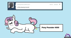 Size: 826x438 | Tagged: explicit, sweetie belle, oc, oc:twilight panda, animated, blushing, female, filly, foal, foalcon, fucking machine, g4, gif, imported from derpibooru, insertion, machine, mspaintponies, pony, pony pounder, prone, solo, solo female, tumblr, unicorn, vaginal insertion