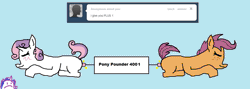 Size: 1228x439 | Tagged: explicit, scootaloo, sweetie belle, oc, oc:twilight panda, animated, ask, female, females only, filly, foal, foalcon, fucking machine, g4, gif, imported from derpibooru, insertion, machine, mspaintponies, pegasus, pony, pony pounder, prone, tumblr, unicorn