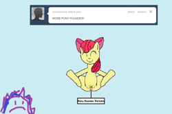 Size: 862x572 | Tagged: explicit, apple bloom, oc, oc:twilight panda, 1000 hours in ms paint, animated, ask, blue background, earth pony, eyes closed, female, female focus, filly, foal, foalcon, fucking machine, g4, gif, imported from derpibooru, insertion, machine, mspaintponies, nudity, pony, pony pounder, simple background, smiling, solo focus, tumblr, vaginal insertion, vulva