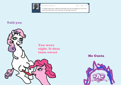 Size: 1350x952 | Tagged: questionable, pinkie pie, sweetie belle, oc, oc:twilight panda, crotchboobs, earth pony, female, filly, foal, foalcon, g4, imported from derpibooru, licking, mare, me gusta, mspaintponies, nipple licking, nipple sex, nipple stimulation, nipples, nudity, pony, teats, tumblr, unicorn
