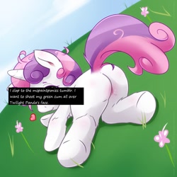 Size: 900x900 | Tagged: explicit, artist:mspaintponies, sweetie belle, oc, oc:twilight panda, cum, day, dirtyponyconfessions, edit, female, filly, foal, foalcon, g4, grass, green semen, implied straight, imported from derpibooru, mspaintponies, nudity, pony, prone, solo, solo female, unicorn, vulva