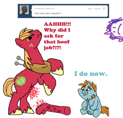 Size: 873x842 | Tagged: explicit, grimdark, grotesque, oc, oc:twilight panda, 1000 hours in ms paint, big macintosh, blood, castration, colt, earth pony, foal, foalcon, g4, gore, imported from derpibooru, male, mspaintponies, nudity, penectomy, penis, pony, rearing, severed penis, simple background, snips, stallion, tumblr, unicorn, wat, white background