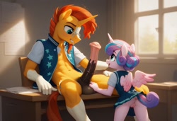 Size: 1216x832 | Tagged: explicit, princess flurry heart, age difference, ai content, ai generated, anthro, anus, balls, banned from derpibooru, bottomless, clothes, cock worship, cum, dock, female, flurryburst, frog (hoof), horsecock, imported from twibooru, leaking cum, leaning, leaning back, lolicon, male, no panties, nudity, partial nudity, penis, prompter:madlyirrelevant, shipping, sitting, size difference, skirt, spread legs, spreading, straight, sunburst, tail, underage, underhoof, unguligrade anthro, upskirt, vulva