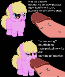 Size: 692x816 | Tagged: explicit, grimdark, artist:awildfantasy, black background, blowjob, cock shock, crying, edit, female, femsub, fluffy pony, fluffy pony foal, fluffy pony grimdark, fluffy pony original art, foalcon, g4, imported from derpibooru, male, maledom, nudity, oral, penis, pony, rape, sex, simple background, straight, submissive, text, vein, veiny cock