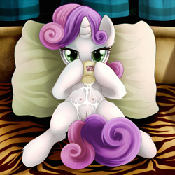 Size: 1000x1000 | Tagged: explicit, artist:rainbow, sweetie belle, bedroom eyes, crotchboobs, female, filly, foal, foalcon, g4, horn, imported from derpibooru, looking at you, milk, nipples, nudity, on back, pillow, pony, pouring, presenting, solo, solo female, teats, unicorn, vulva
