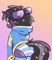 Size: 920x1077 | Tagged: suggestive, artist:rivibaes, oc, oc:rivibaes, anthro, banned from derpibooru, blushing, clothes, female, imported from twibooru, lolicon, looking at you, looking back, panties, socks, solo, striped socks, thigh highs, underage, underwear, unicorn