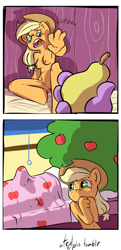 Size: 929x1920 | Tagged: explicit, artist:atryl, applejack, spike, age difference, anthro, apple, applejack's hat, belly button, bloomberg, breasts, cowboy hat, crotch bulge, dragon, earth pony, fangs, female, foalcon, g4, hat, hilarious in hindsight, hissing, imported from derpibooru, male, morning wood, nipples, nudity, offscreen character, offscreen male, pear, pearlarious in hindsight, pun, ship:applespike, shipping, straight, that pony sure does hate pears, unguligrade anthro, vulva