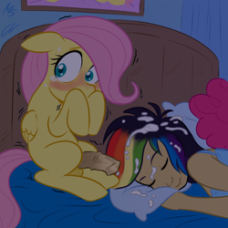Size: 945x945 | Tagged: explicit, artist:cartoonlion, artist:megasweet, fluttershy, pinkie pie, rainbow dash, oc, oc:futashy, bed, blushing, blushing profusely, bukkake, cum, cum on hair, dead source, embarrassed, facial, female, filly, floppy ears, foal, foalcon, folded wings, futa, futa filly on human female, futa fluttershy, futa on female, futa on human female, futa pony on human female, futaverse, g4, get, horsecock, human, human female, humanized, imported from derpibooru, intersex, interspecies, mottled genitals, nudity, pegasus, penis, pillow, polyamory, pony, pony on human action, ship:flutterdash, ship:flutterdashpie, shipping, sleeping, somnophilia, tan skin, wings