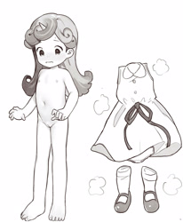 Size: 1732x2100 | Tagged: explicit, artist:brush king, sweetie belle, banned from derpibooru, clothes, complete nudity, dress, embarrassed, embarrassed nude exposure, female, horn, horned humanization, human, humanized, imported from twibooru, lolicon, monochrome, nudity, panties, shoes, socks, solo, solo female, teleportation mishap, underage, underwear