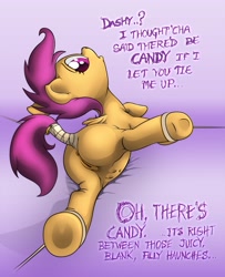Size: 1166x1439 | Tagged: explicit, semi-grimdark, artist:ecmajor, scootaloo, anus, bandage, belly button, bondage, butt, candy vag, crotchboobs, female, female on female rape, femdom, femsub, filly, foal, foalcon, g4, imminent rape, implied rainbow dash, imported from derpibooru, nipples, nudity, pegasus, plot, pony, solo, solo female, submissive, tail wrap, teats, underhoof, vulva