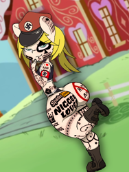 Size: 1536x2048 | Tagged: questionable, artist:lefthighkick, oc, oc:aryanne, alternate version, anthro, arm band, banned from derpibooru, blacked, boots, branded hem, butt, clothes, commission, earth pony, female, imported from twibooru, lolicon, looking at you, looking back, looking back at you, missing cutie mark, n word, national socialism, no tail, plantigrade anthro, ponyville schoolhouse, queen of spades, racism, screencap background, shoes, slur, solo, solo female, sports bra, sports panties, sports underwear, swastika, tattoo, underage