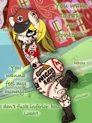 Size: 1536x2048 | Tagged: questionable, artist:lefthighkick, oc, oc:aryanne, alternate version, anthro, arm band, banned from derpibooru, blacked, boots, branded hem, butt, clothes, commission, dialogue, earth pony, english, female, imported from twibooru, lolicon, looking at you, looking back, looking back at you, missing cutie mark, n word, national socialism, nigger, no tail, pedophilia, plantigrade anthro, ponyville schoolhouse, queen of spades, racism, screencap background, shoes, slur, solo, solo female, sports bra, sports panties, sports underwear, swastika, tattoo, underage