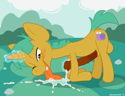 Size: 1200x922 | Tagged: explicit, artist:brainsister, balls, blushing, colt, cum, exhibitionism, foal, foalcon, g4, glowing horn, horn, horsecock, imported from derpibooru, licking cum, magic, magical stimulation, magicjob, male, masturbation, nudity, one eye closed, outdoors, penis, pony, show accurate, show accurate porn, snails, solo, solo male, tongue out, unicorn
