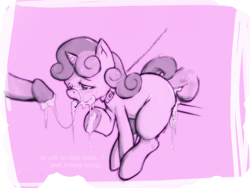 Size: 2400x1800 | Tagged: explicit, artist:dovne, sweetie belle, anal, balls, blowjob, bondage, chains, collar, creampie, cum, cum in mouth, cum on hooves, cum on tongue, dead source, dialogue, disembodied penis, facial, female, femsub, filly, foal, foalcon, g4, group sex, human, human male, human male on filly, human on pony action, human penis, imported from derpibooru, interspecies, leash, male, maledom, mmf threesome, nudity, one eye closed, open mouth, oral, oral creampie, penetration, penis, pet play, pony, sex, spitroast, straight, submissive, threesome, tongue out, unicorn, wink