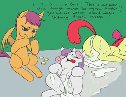 Size: 766x590 | Tagged: explicit, artist:idlecum, apple bloom, scootaloo, sweetie belle, aftersex, alternate version, bits, creampie, cum, cutie mark crusaders, dead source, earth pony, female, females only, filly, foal, foalcon, frown, g4, horn, imported from derpibooru, nudity, on back, open mouth, pegasus, pimp, pony, prone, prostitution, sitting, smiling, tongue out, unicorn