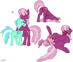 Size: 2080x1763 | Tagged: explicit, artist:php199, :o, anus, ass up, bedroom eyes, bipedal, blushing, butt, cheerilee, cheeripinch, cunnilingus, earth pony, eye contact, face down ass up, female, filly, floppy ears, foal, foalcon, g4, heart, horn, hornjob, imported from derpibooru, lesbian, lyra heartstrings, lyralee, mare, mare on filly, nudity, on back, open mouth, oral, plot, pony, ruby pinch, sex, shipping, simple background, smiling, spread legs, underhoof, unicorn, vulva, white background, wink