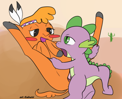 Size: 1000x817 | Tagged: explicit, artist:caluriri, spike, baby dragon on filly, blushing, buffalo, butt, cactus, dragon, female, foalcon, g4, imported from derpibooru, interspecies, little strongheart, male, nudity, penis, sex, ship:strongspike, shipping, straight, vaginal, vulva