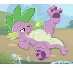 Size: 1200x1124 | Tagged: explicit, artist:tbid, spike, anus, balls, butt, cum, dragon, foalcon, g4, imported from derpibooru, male, masturbation, nudity, on back, paw pads, paws, penis, solo, solo male, underpaw, wingless spike