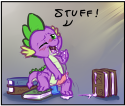Size: 965x817 | Tagged: explicit, artist:cobaltsynapse, spike, anal insertion, anal orgasm, book, cloaca, cum, cum eating, cum in mouth, cum in own mouth, dildo, dildo sitting, dragon, foalcon, g4, imported from derpibooru, insertion, male, masturbation, nudity, orgasm, penis, sex toy, solo, solo male, source needed