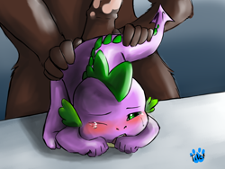 Size: 1400x1050 | Tagged: explicit, spike, anthro, artist needed, blushing, crying, dragon, foalcon, furry, g4, gay, imminent anal, imminent rape, imminent sex, imported from derpibooru, interspecies, male, male on male rape, males only, nudity, penis, shipping, stallion, stallion on baby dragon