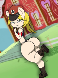 Size: 1536x2048 | Tagged: questionable, artist:lefthighkick, oc, oc:aryanne, alternate version, anthro, arm band, banned from derpibooru, blacked, boots, branded hem, butt, clothes, commission, earth pony, female, imported from twibooru, lolicon, looking at you, looking back, looking back at you, missing cutie mark, national socialism, no tail, plantigrade anthro, ponyville schoolhouse, screencap background, shoes, solo, solo female, sports bra, sports panties, sports underwear, swastika, underage