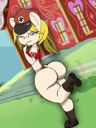 Size: 1536x2048 | Tagged: questionable, artist:lefthighkick, oc, oc:aryanne, anthro, arm band, banned from derpibooru, boots, branded hem, butt, clothes, commission, earth pony, female, german, imported from twibooru, lolicon, looking at you, looking back, looking back at you, missing cutie mark, national socialism, no tail, pedophilia, plantigrade anthro, ponyville schoolhouse, pun, screencap background, shoes, solo, solo female, sports bra, sports panties, sports underwear, swastika, underage