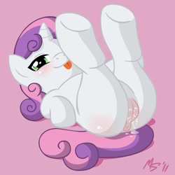Size: 945x945 | Tagged: explicit, artist:megasweet, sweetie belle, anus, blank flank, butt, female, filly, foal, foalcon, g4, horn, imported from derpibooru, nudity, on back, plot, pony, puckered asshole, show accurate, show accurate porn, solo, solo female, tongue out, unicorn, vaginal secretions, vector, vulva