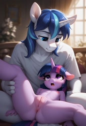 Size: 832x1216 | Tagged: explicit, shining armor, twilight sparkle, ai content, ai generated, anthro, anus, banned from derpibooru, bed, breasts, butt, cute, cute porn, delicious flat chest, dock, female, generator:pony diffusion v6 xl, horsecock, imported from twibooru, incest, lolicon, nudity, on back, on bed, partial nudity, penis, prompter:madlyirrelevant, raised leg, sitting, small breasts, smiling, spread legs, spreading, tail, twibutt, twicest, underage, unicorn, unicorn horn, unicorn twilight, vulva