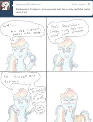 Size: 904x1182 | Tagged: explicit, rainbow dash, scootaloo, ahegao, artist needed, blushing, comic, cunnilingus, female, filly, foal, foalcon, g4, imported from derpibooru, lesbian, mare, mare on filly, oral, pegasus, pony, scoots and dash in lesbians, sex, ship:scootadash, shipping, source needed, tumblr